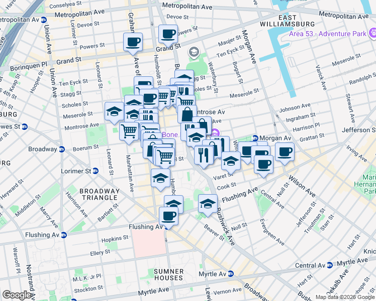 map of restaurants, bars, coffee shops, grocery stores, and more near Bushwick Ave & McKibbin St in Brooklyn