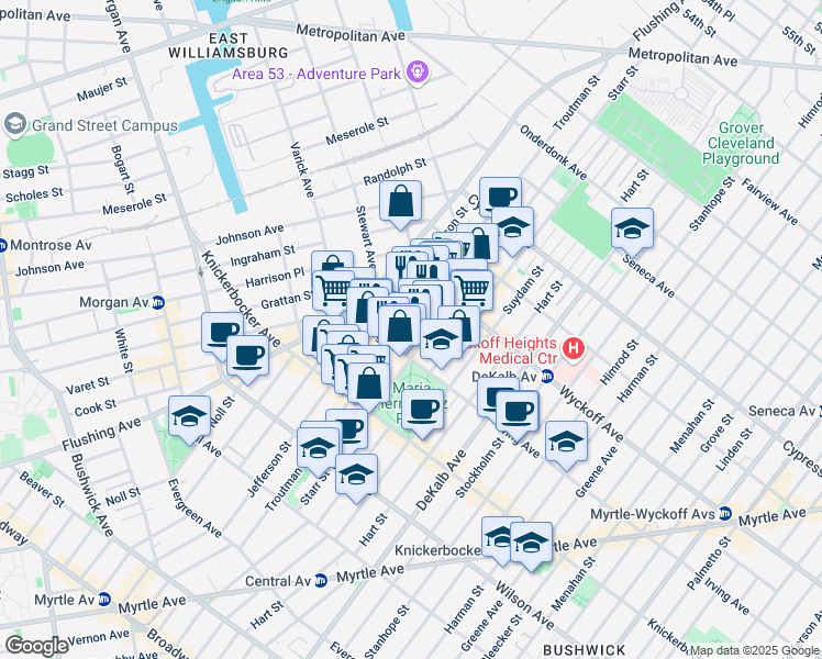 map of restaurants, bars, coffee shops, grocery stores, and more near 362 Jefferson Street in Brooklyn