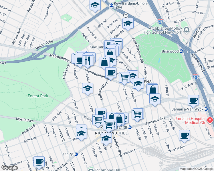 map of restaurants, bars, coffee shops, grocery stores, and more near 83-19 Lefferts Boulevard in Queens