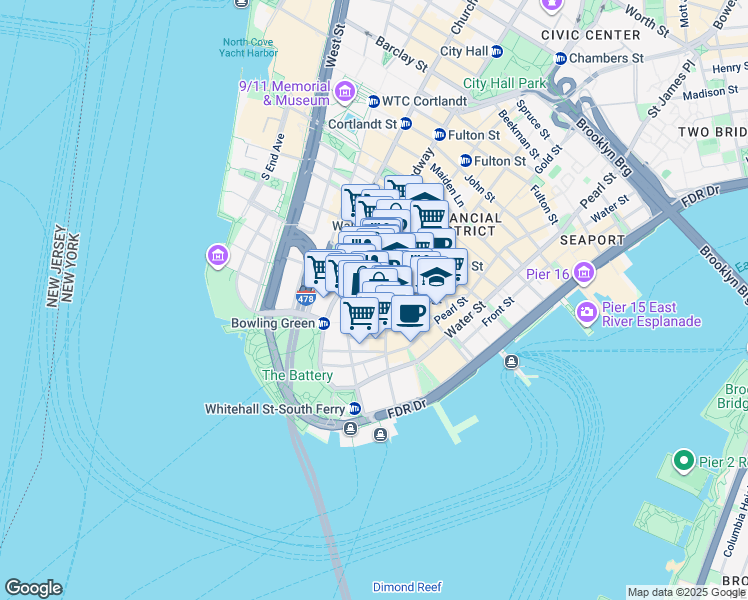 map of restaurants, bars, coffee shops, grocery stores, and more near 25 Beaver Street in New York
