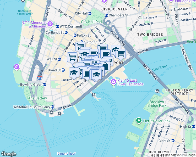 map of restaurants, bars, coffee shops, grocery stores, and more near 156 Front Street in New York