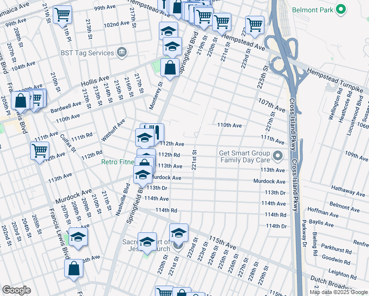 map of restaurants, bars, coffee shops, grocery stores, and more near 219-28 112th Avenue in Queens