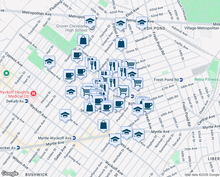 map of restaurants, bars, coffee shops, grocery stores, and more near Gates Ave & Woodward Ave in Queens