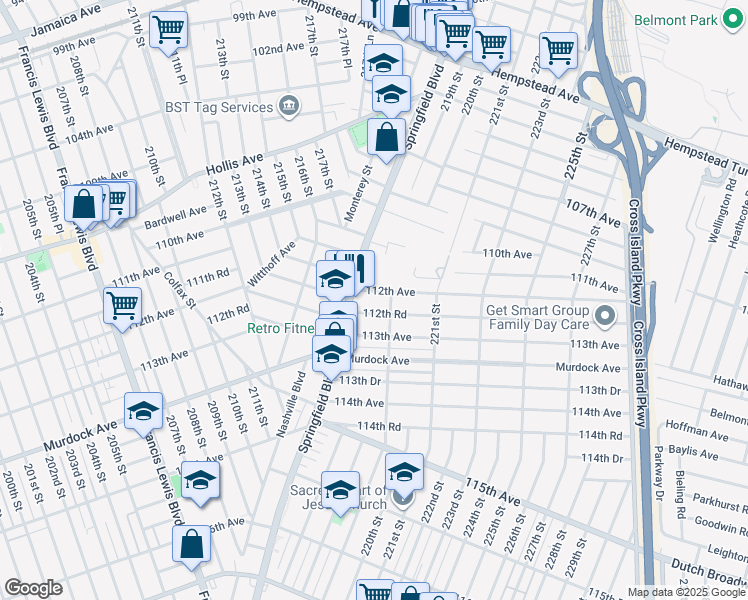 map of restaurants, bars, coffee shops, grocery stores, and more near 218-22 112th Avenue in Queens