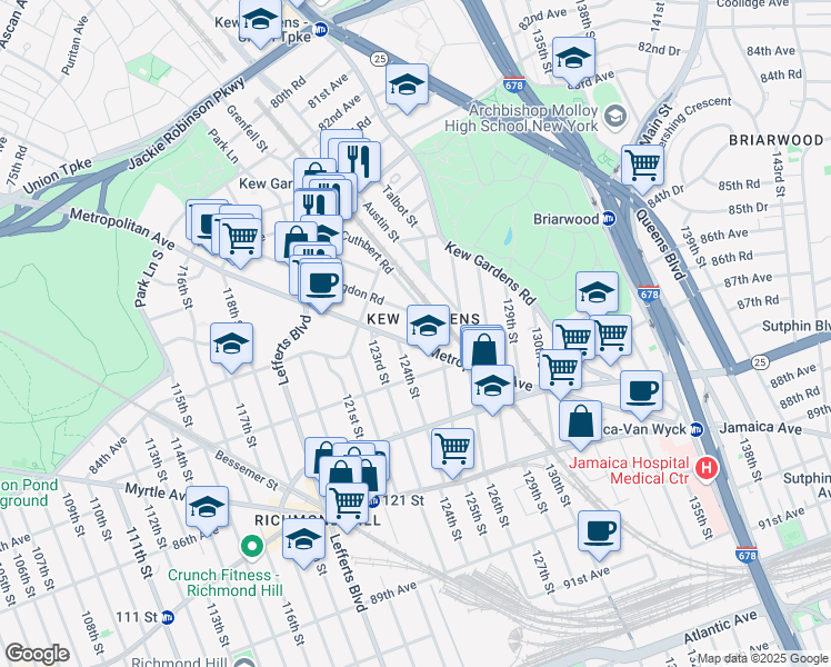 map of restaurants, bars, coffee shops, grocery stores, and more near 83-27 124th Place in Queens