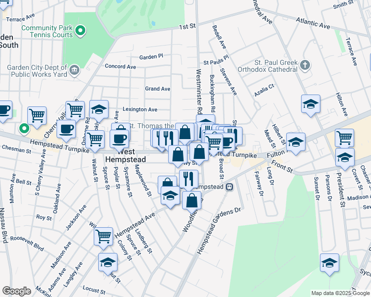 map of restaurants, bars, coffee shops, grocery stores, and more near 188 Hempstead Turnpike in West Hempstead