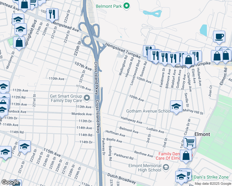 map of restaurants, bars, coffee shops, grocery stores, and more near 140 Wellington Road in Elmont
