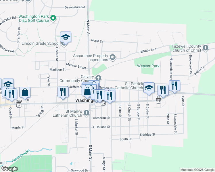 map of restaurants, bars, coffee shops, grocery stores, and more near 209 East Jefferson Street in Washington