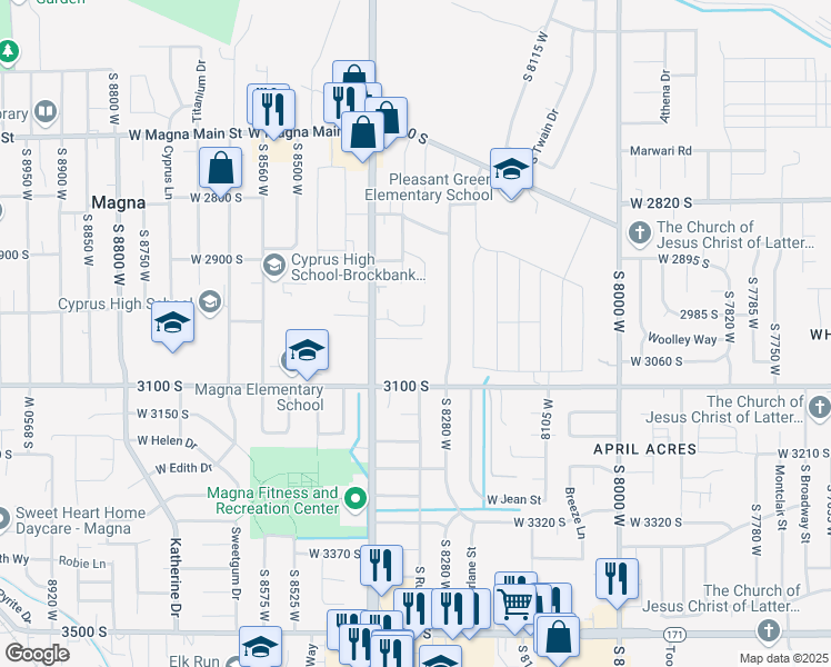 map of restaurants, bars, coffee shops, grocery stores, and more near 3027 South 8400 West in Magna