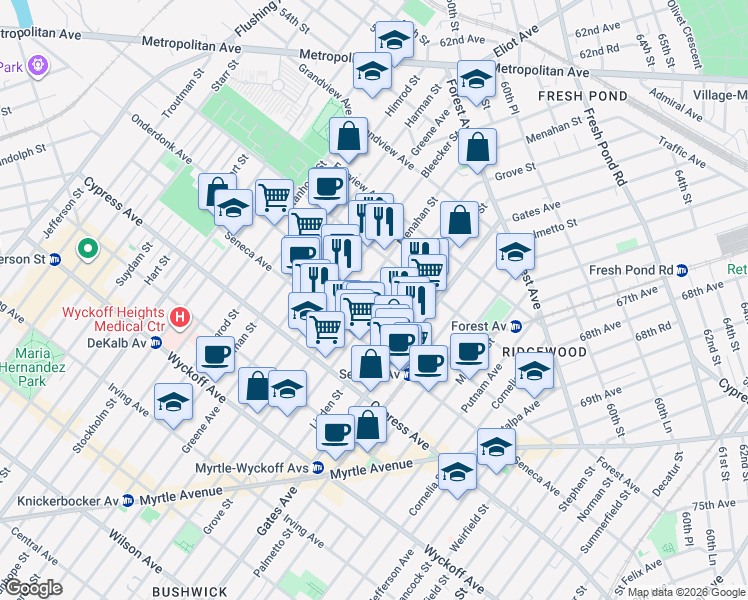 map of restaurants, bars, coffee shops, grocery stores, and more near in Queens