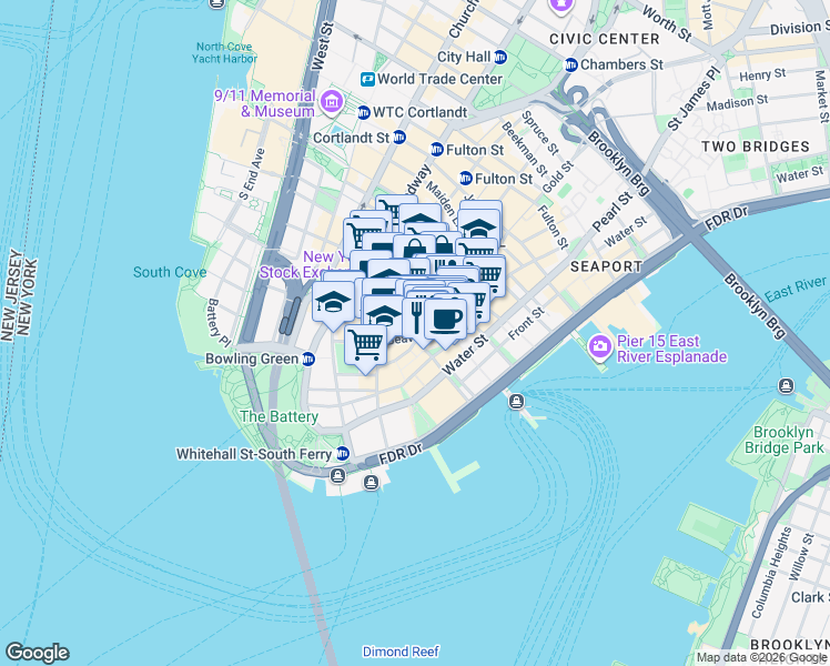 map of restaurants, bars, coffee shops, grocery stores, and more near 19 William Street in New York