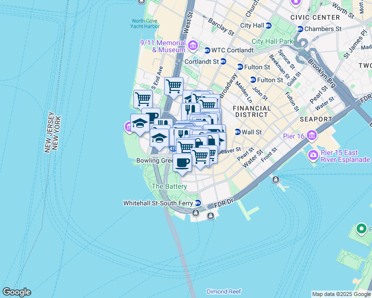 map of restaurants, bars, coffee shops, grocery stores, and more near 11 Broadway in New York