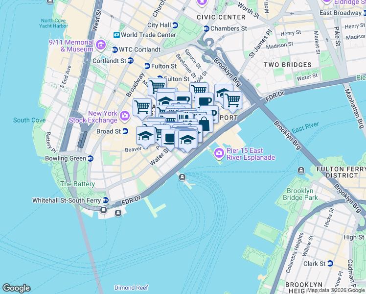map of restaurants, bars, coffee shops, grocery stores, and more near 90 Pine Street in New York
