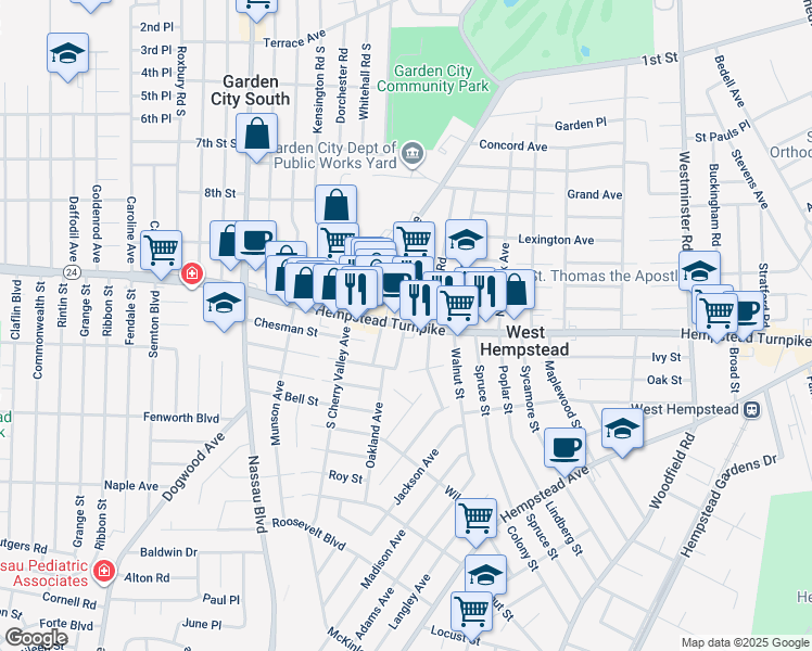 map of restaurants, bars, coffee shops, grocery stores, and more near 449 Hempstead Turnpike in West Hempstead