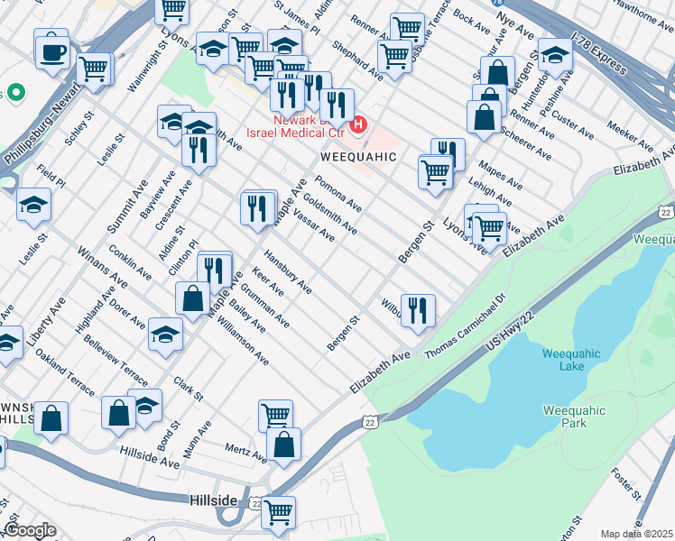 map of restaurants, bars, coffee shops, grocery stores, and more near 103 Chancellor Avenue in Newark