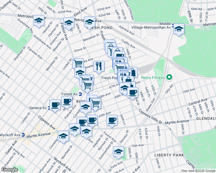 map of restaurants, bars, coffee shops, grocery stores, and more near 66-16 60th Lane in Queens