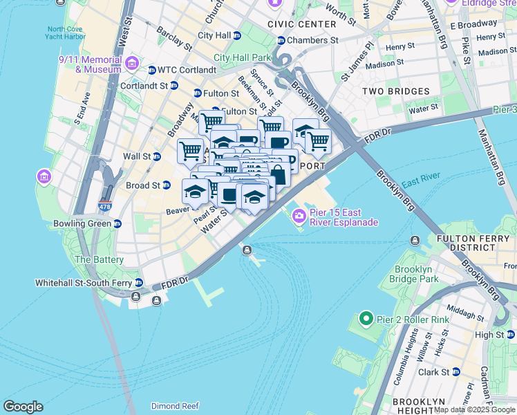 map of restaurants, bars, coffee shops, grocery stores, and more near 180 Maiden Lane in New York