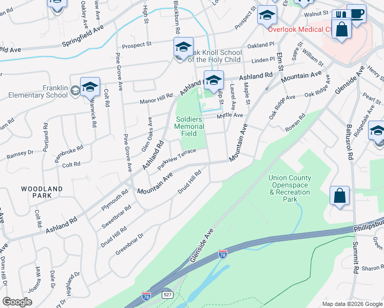 map of restaurants, bars, coffee shops, grocery stores, and more near 2 Parkview Terrace in Summit