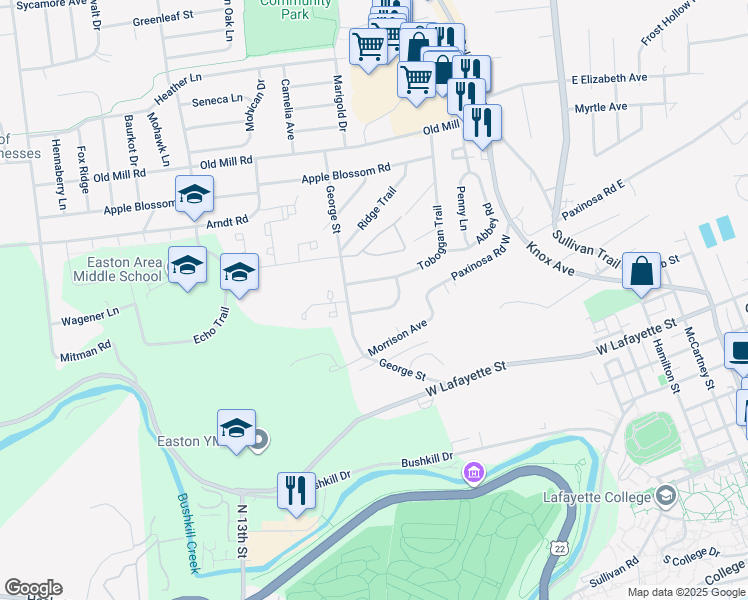 map of restaurants, bars, coffee shops, grocery stores, and more near 401 Cypress Lane in Easton