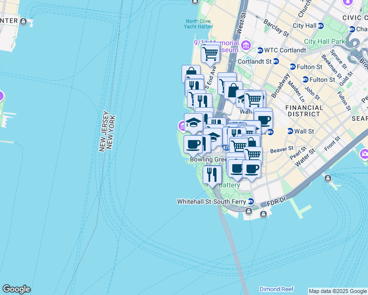 map of restaurants, bars, coffee shops, grocery stores, and more near 20 Battery Place in New York