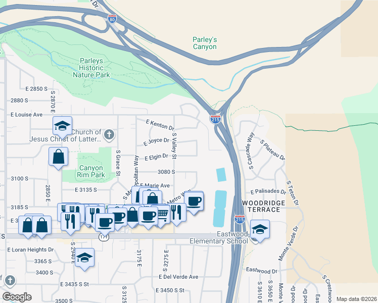 map of restaurants, bars, coffee shops, grocery stores, and more near 3351 East Elgin Drive in Salt Lake City