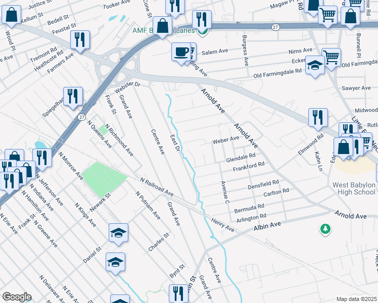 map of restaurants, bars, coffee shops, grocery stores, and more near 1732 Prime Street in West Babylon