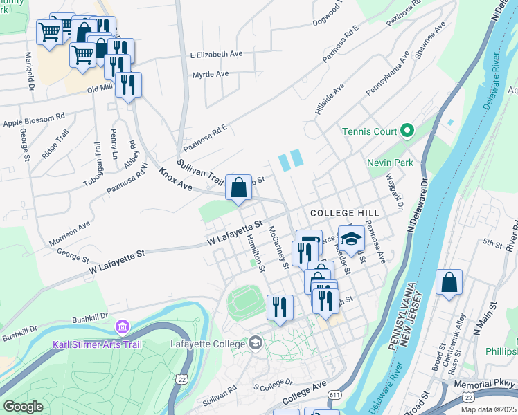 map of restaurants, bars, coffee shops, grocery stores, and more near 830 McCartney Street in Easton
