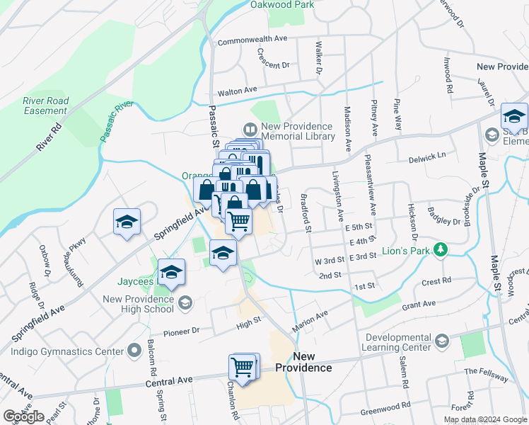 map of restaurants, bars, coffee shops, grocery stores, and more near 1260 Springfield Avenue in New Providence