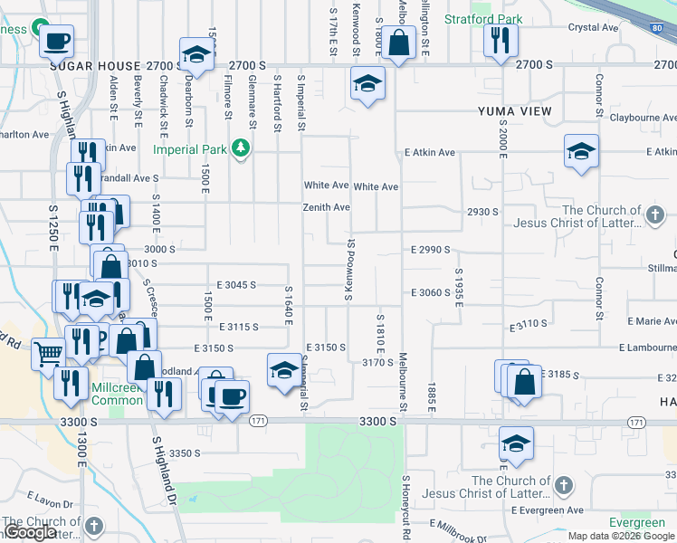 map of restaurants, bars, coffee shops, grocery stores, and more near 1760 Edward Avenue in Salt Lake City