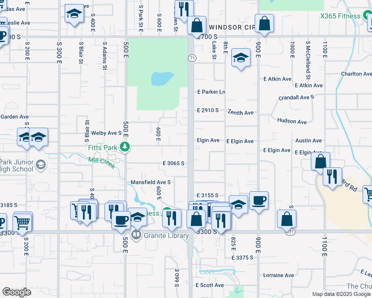 map of restaurants, bars, coffee shops, grocery stores, and more near 684 Leland Avenue South in South Salt Lake