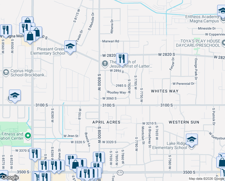 map of restaurants, bars, coffee shops, grocery stores, and more near 7898 Woolley Way in Magna