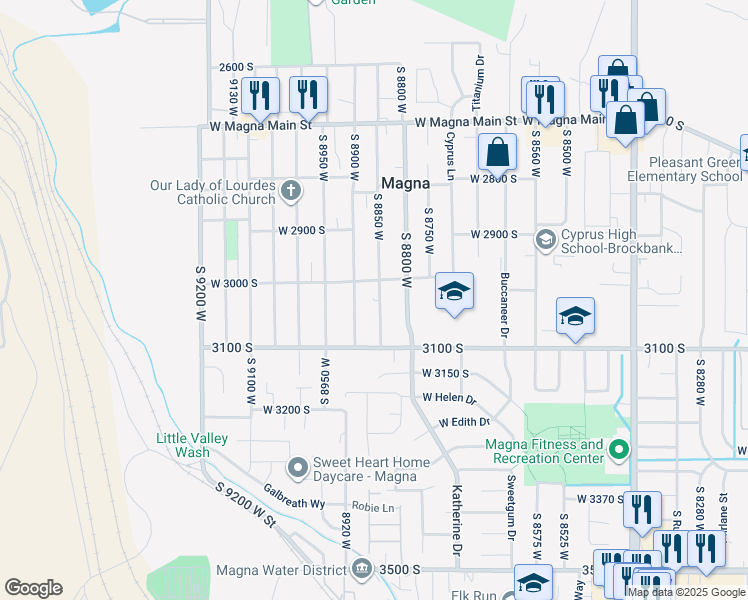 map of restaurants, bars, coffee shops, grocery stores, and more near 3019 South 8850 West in Magna