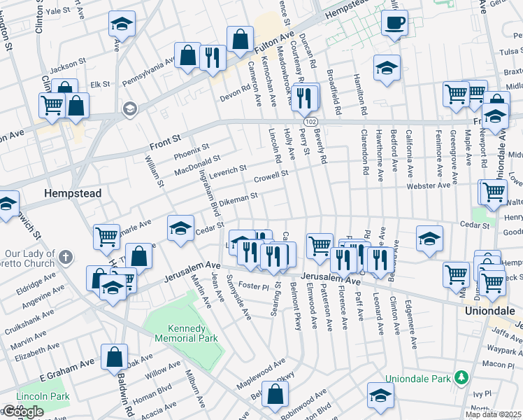 map of restaurants, bars, coffee shops, grocery stores, and more near 27 Spencer Place in Hempstead