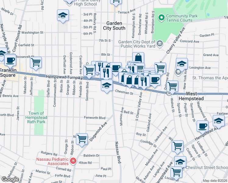 map of restaurants, bars, coffee shops, grocery stores, and more near 564 Chesman Street in West Hempstead