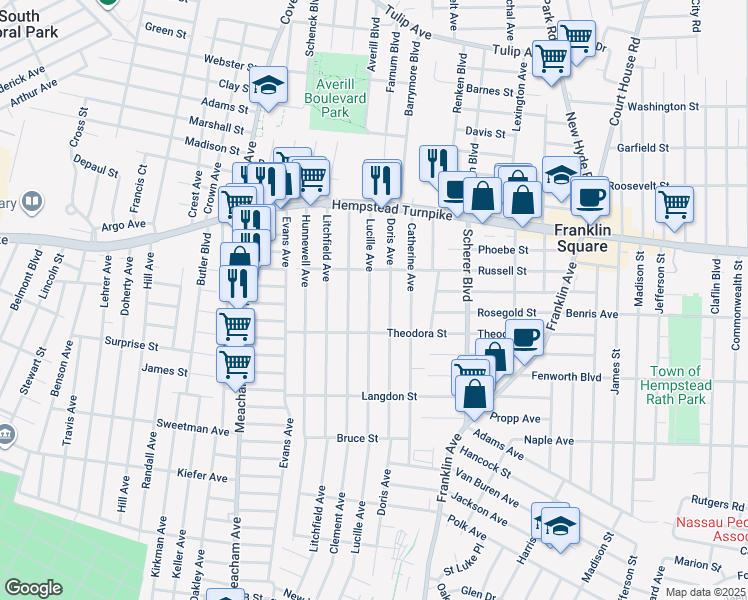 map of restaurants, bars, coffee shops, grocery stores, and more near 100 Doris Avenue in Franklin Square