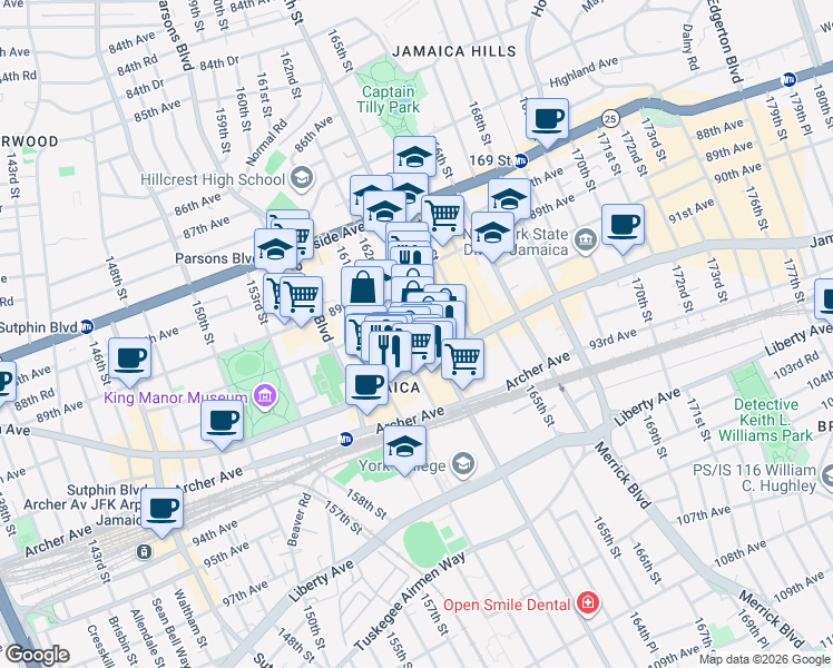 map of restaurants, bars, coffee shops, grocery stores, and more near 89-44 162nd Street in Queens