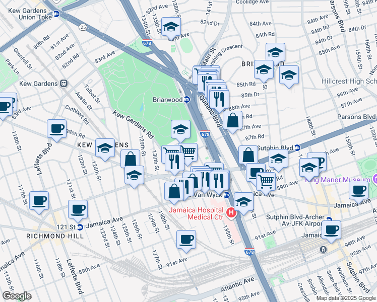 map of restaurants, bars, coffee shops, grocery stores, and more near 135-17 87th Avenue in Queens