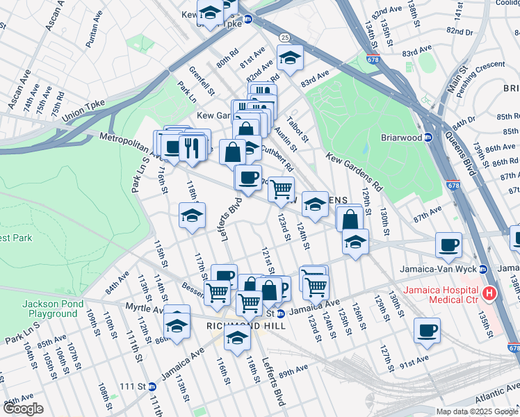 map of restaurants, bars, coffee shops, grocery stores, and more near in Queens