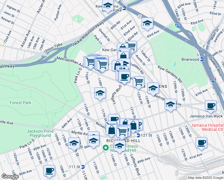 map of restaurants, bars, coffee shops, grocery stores, and more near 83-44 Lefferts Boulevard in Queens