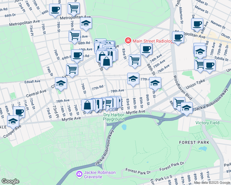 map of restaurants, bars, coffee shops, grocery stores, and more near 8106 78th Avenue in Queens