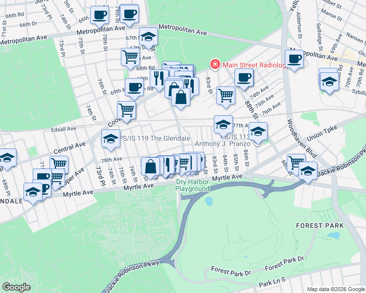 map of restaurants, bars, coffee shops, grocery stores, and more near 79-73 78th Avenue in Queens