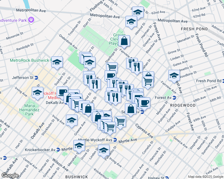 map of restaurants, bars, coffee shops, grocery stores, and more near 494 Seneca Avenue in Queens