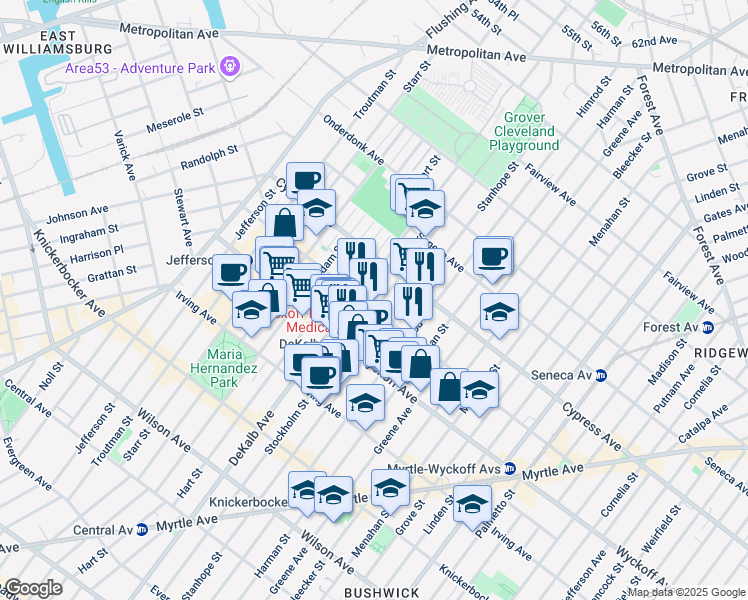 map of restaurants, bars, coffee shops, grocery stores, and more near 403 Stockholm Street in Brooklyn