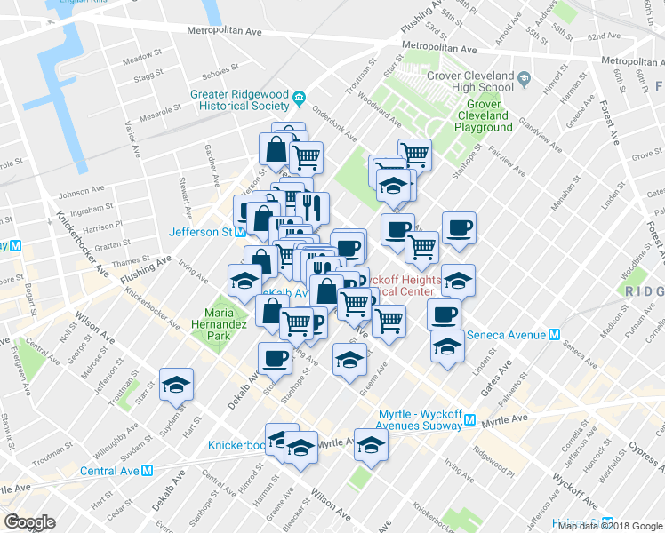 map of restaurants, bars, coffee shops, grocery stores, and more near 1690 DeKalb Avenue in Brooklyn