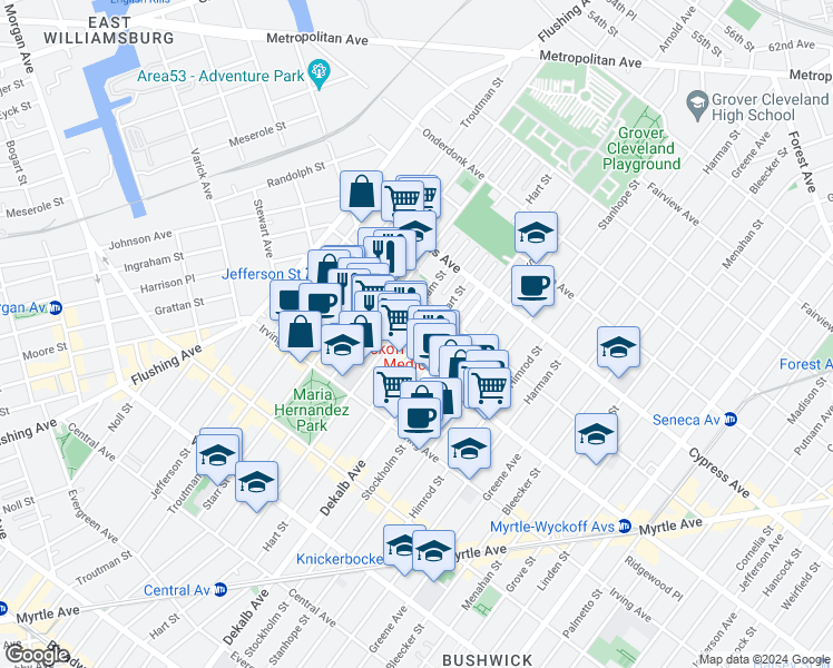 map of restaurants, bars, coffee shops, grocery stores, and more near in Brooklyn