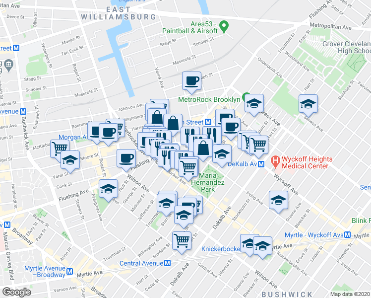 map of restaurants, bars, coffee shops, grocery stores, and more near 444 Melrose Street in Brooklyn