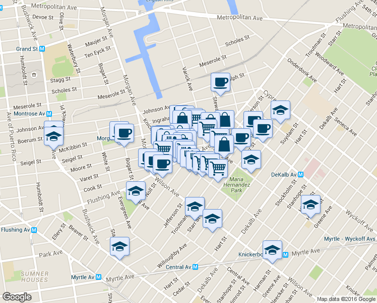 map of restaurants, bars, coffee shops, grocery stores, and more near 1119 Flushing Avenue in Brooklyn