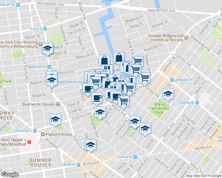 map of restaurants, bars, coffee shops, grocery stores, and more near 96 Knickerbocker Avenue in Brooklyn