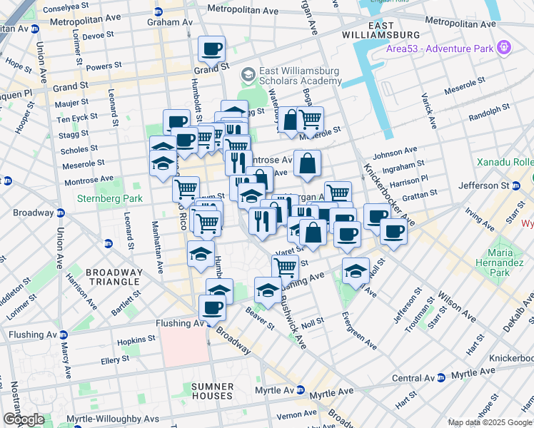 map of restaurants, bars, coffee shops, grocery stores, and more near 3 McKibbin Court in Brooklyn