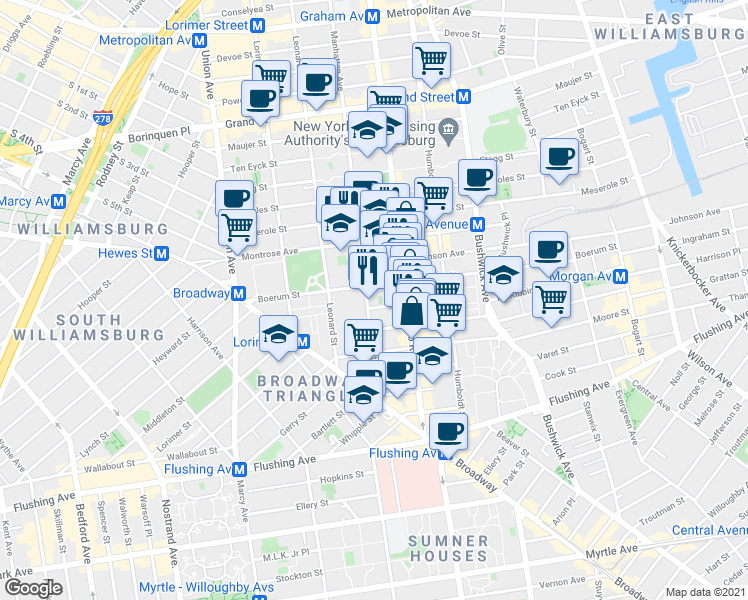 map of restaurants, bars, coffee shops, grocery stores, and more near 124 Boerum Street in Brooklyn